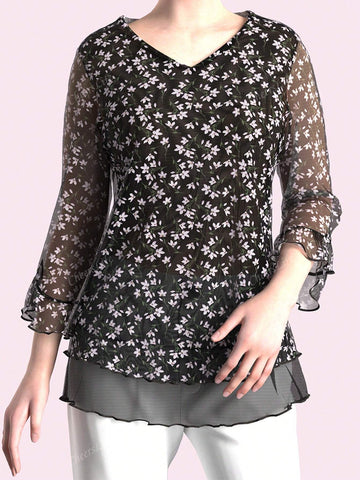 CheersLife Women's Dressy Casual,Double Layers Mesh Elegant Summer Blouses,Short Sleeve V Neck Women's Tunic Tops