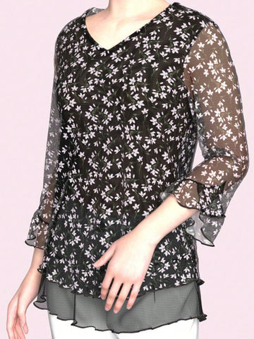 CheersLife Women's Dressy Casual,Double Layers Mesh Elegant Summer Blouses,Short Sleeve V Neck Women's Tunic Tops