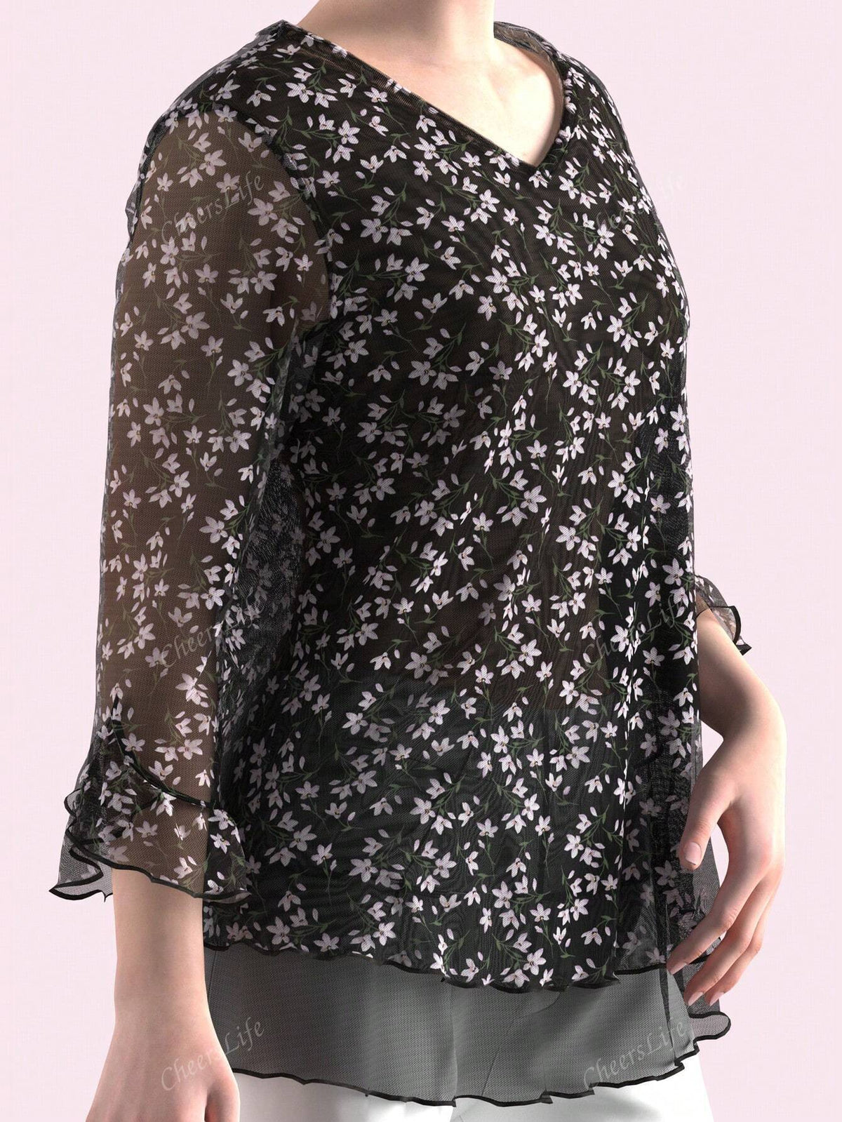 CheersLife Women's Dressy Casual,Double Layers Mesh Elegant Summer Blouses,Short Sleeve V Neck Women's Tunic Tops