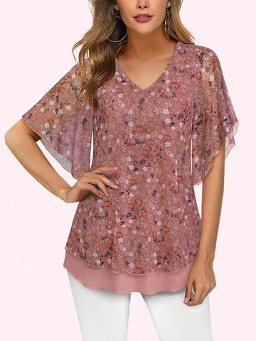 Women's Dressy Casual,Double Layers Mesh Elegant Summer Blouses,Short Sleeve V Neck Women's Tunic Tops