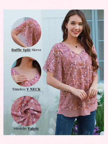 Women's Dressy Casual,Double Layers Mesh Elegant Summer Blouses,Short Sleeve V Neck Women's Tunic Tops