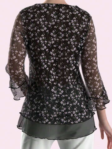 CheersLife Women's Dressy Casual,Double Layers Mesh Elegant Summer Blouses,Short Sleeve V Neck Women's Tunic Tops