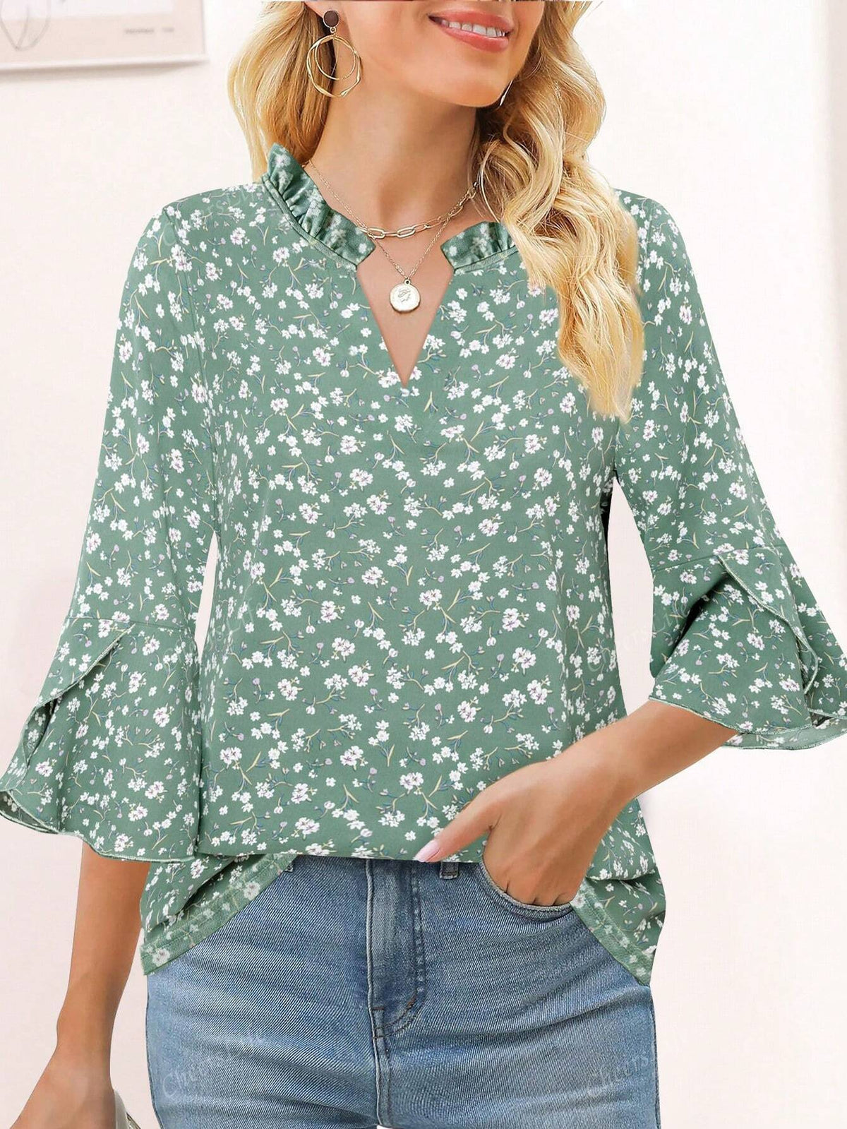 CheersLife Women's Fancy Blouses Double Layers Mesh Dressy Tops 3/4 Ruffle Bell Sleeve Shirts