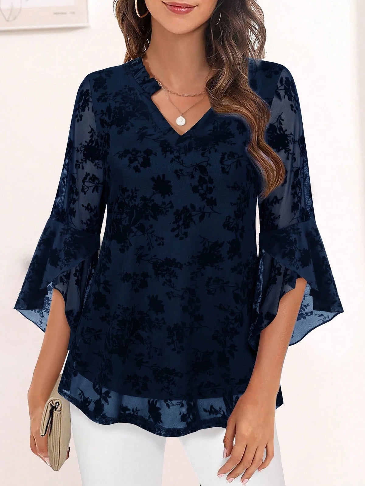 CheersLife Women's Fancy Blouses Double Layers Mesh Dressy Tops 3/4 Ruffle Bell Sleeve Shirts