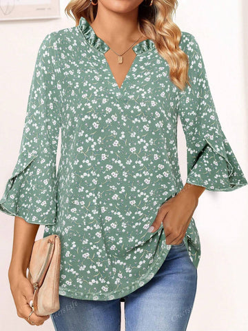 CheersLife Women's Fancy Blouses Double Layers Mesh Dressy Tops 3/4 Ruffle Bell Sleeve Shirts