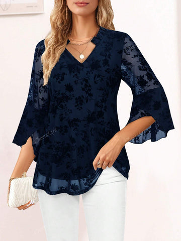 CheersLife Women's Fancy Blouses Double Layers Mesh Dressy Tops 3/4 Ruffle Bell Sleeve Shirts