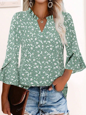 CheersLife Women's Fancy Blouses Double Layers Mesh Dressy Tops 3/4 Ruffle Bell Sleeve Shirts