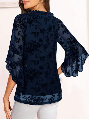 CheersLife Women's Fancy Blouses Double Layers Mesh Dressy Tops 3/4 Ruffle Bell Sleeve Shirts