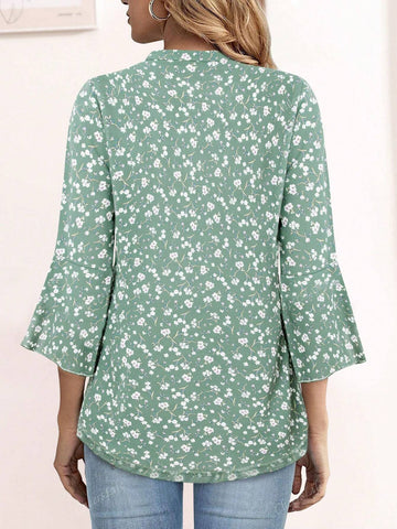 CheersLife Women's Fancy Blouses Double Layers Mesh Dressy Tops 3/4 Ruffle Bell Sleeve Shirts