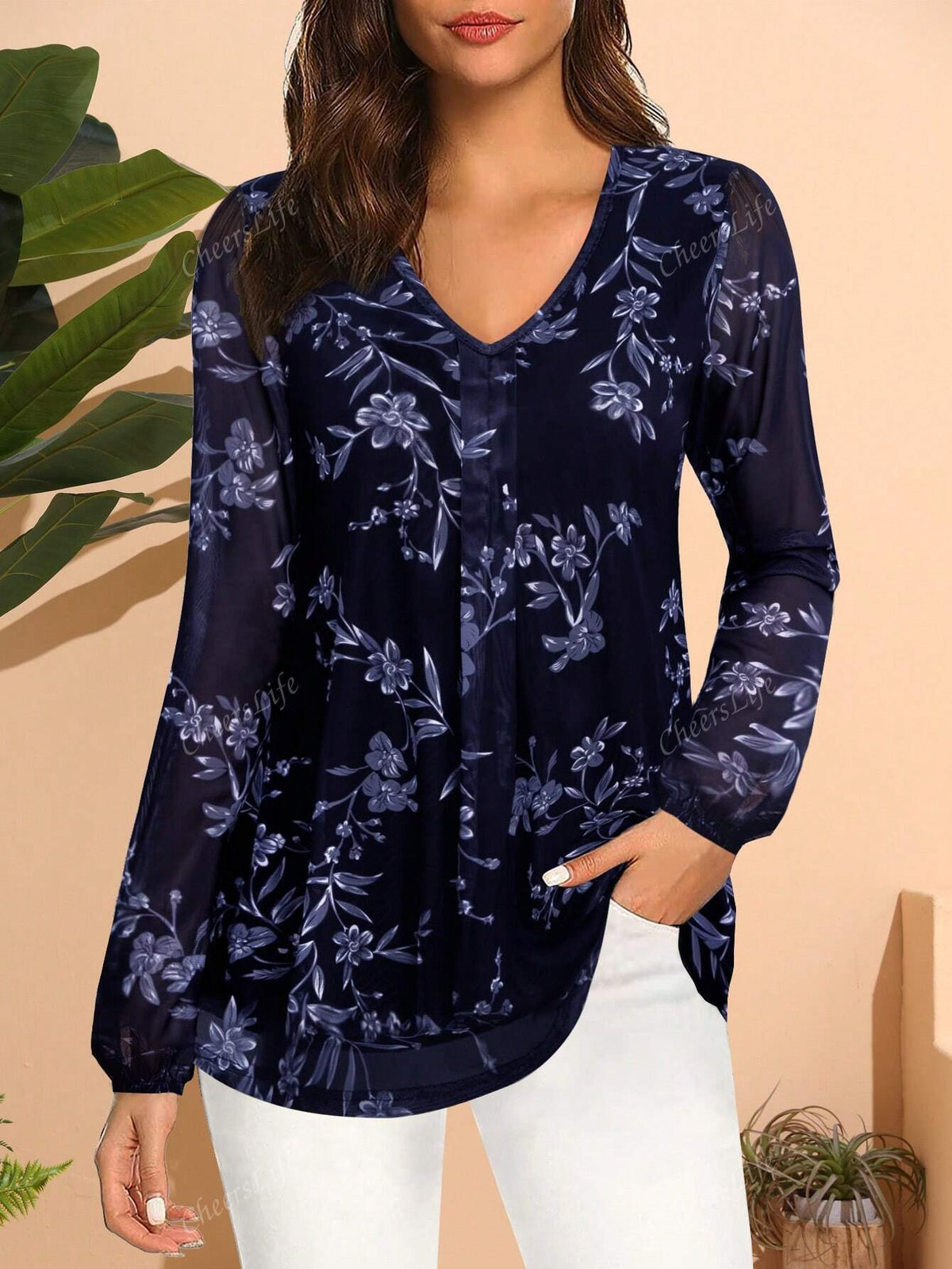 CheersLife Women's Long Sleeve Tunic Tops Casual Loose Fit Floral Blouses Mesh Pleated Layered Shirt