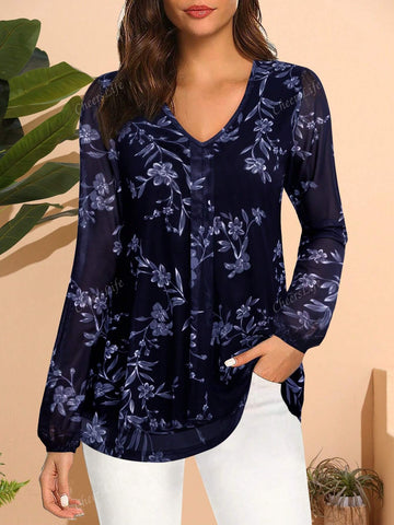 CheersLife Women's Long Sleeve Tunic Tops Casual Loose Fit Floral Blouses Mesh Pleated Layered Shirt