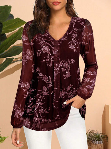 CheersLife Women's Long Sleeve Tunic Tops Casual Loose Fit Floral Blouses Mesh Pleated Layered Shirt