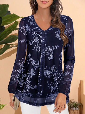 CheersLife Women's Long Sleeve Tunic Tops Casual Loose Fit Floral Blouses Mesh Pleated Layered Shirt