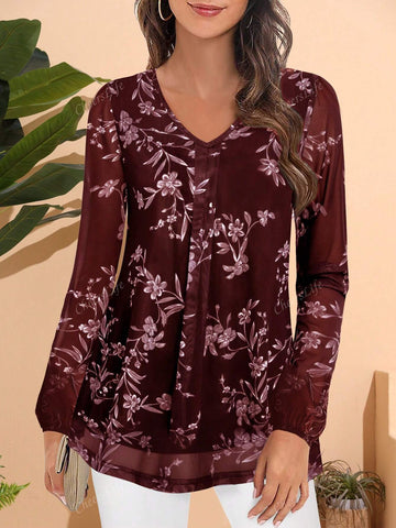 CheersLife Women's Long Sleeve Tunic Tops Casual Loose Fit Floral Blouses Mesh Pleated Layered Shirt