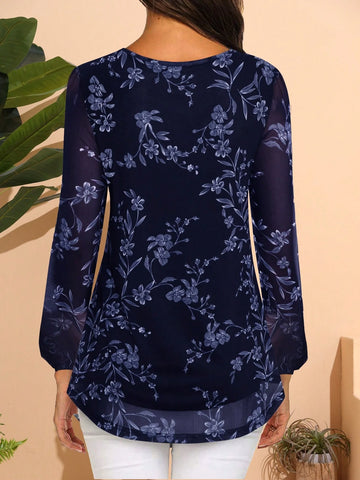 CheersLife Women's Long Sleeve Tunic Tops Casual Loose Fit Floral Blouses Mesh Pleated Layered Shirt