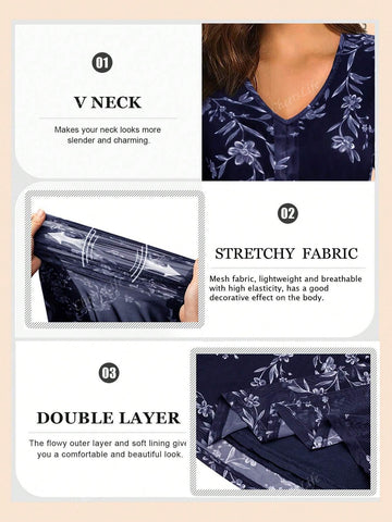 CheersLife Women's Long Sleeve Tunic Tops Casual Loose Fit Floral Blouses Mesh Pleated Layered Shirt