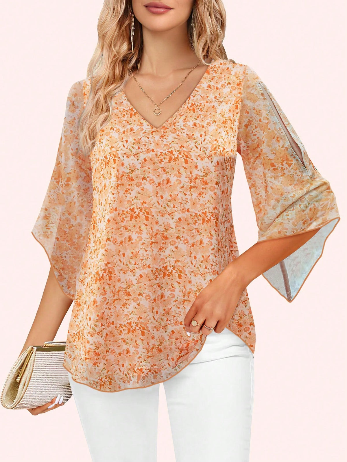 CheersLife Womens Ruffle 3/4 Sleeve V Neck Double Layers Mesh Blouses Loose Fit Flowy Tunic Tops