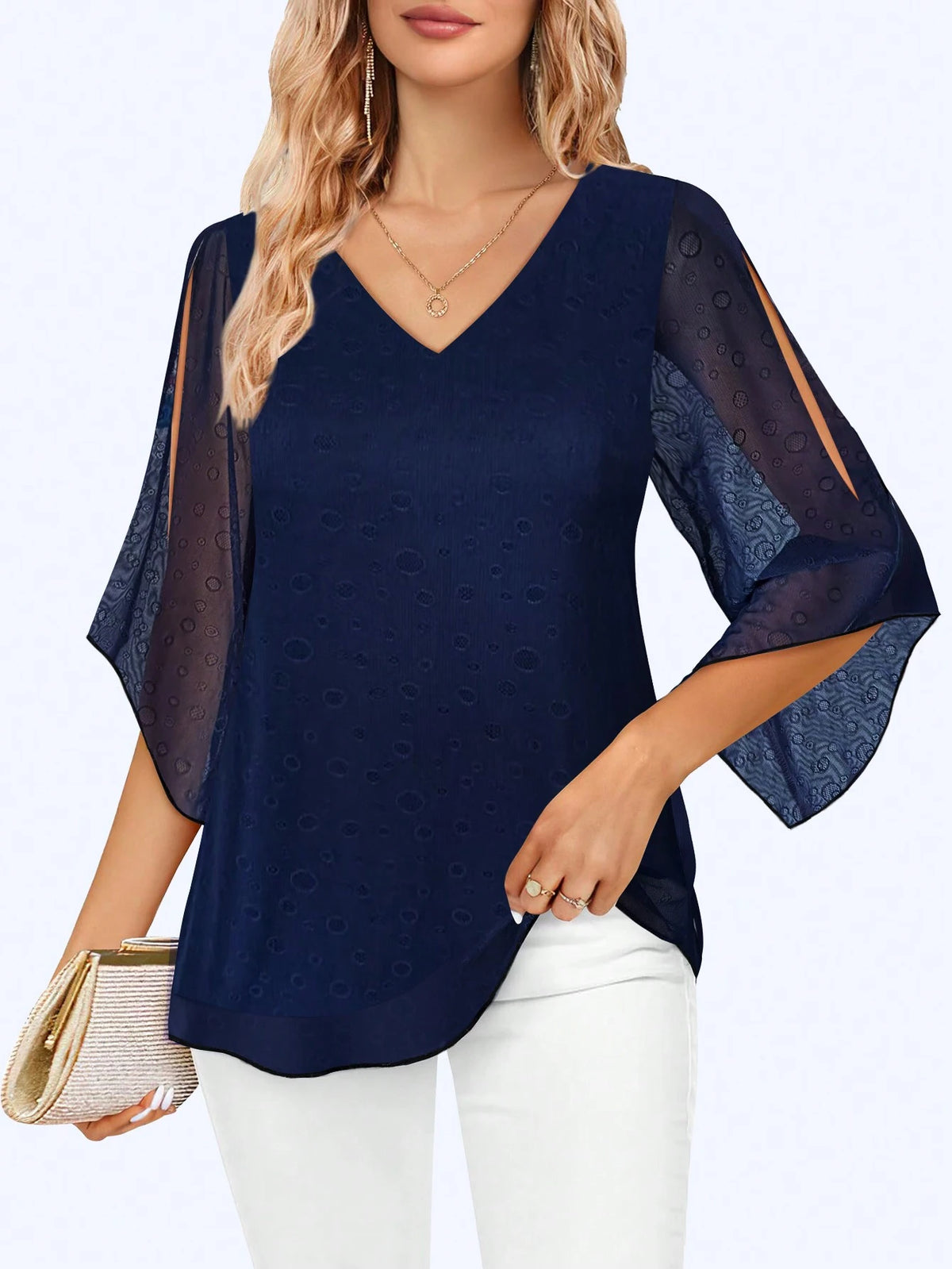 Womens Ruffle 3/4 Sleeve V Neck Double Layers Mesh Blouses Loose Fit Flowy Tunic Tops