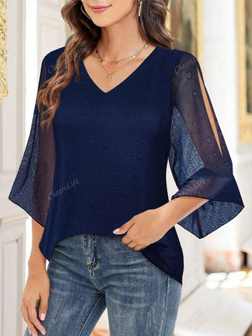 Womens Ruffle 3/4 Sleeve V Neck Double Layers Mesh Blouses Loose Fit Flowy Tunic Tops