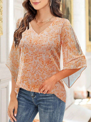 CheersLife Womens Ruffle 3/4 Sleeve V Neck Double Layers Mesh Blouses Loose Fit Flowy Tunic Tops