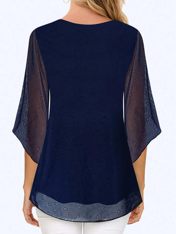 Womens Ruffle 3/4 Sleeve V Neck Double Layers Mesh Blouses Loose Fit Flowy Tunic Tops