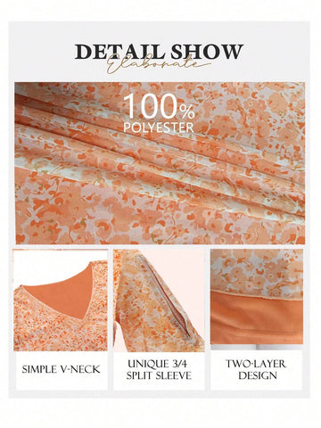 CheersLife Womens Ruffle 3/4 Sleeve V Neck Double Layers Mesh Blouses Loose Fit Flowy Tunic Tops