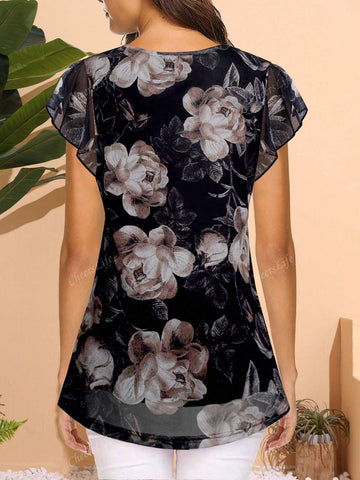 CheersLife Women's Short Sleeve Tunic Shirt Pleated Mesh Blouses Summer Floral Tops