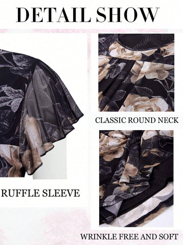 CheersLife Women's Short Sleeve Tunic Shirt Pleated Mesh Blouses Summer Floral Tops