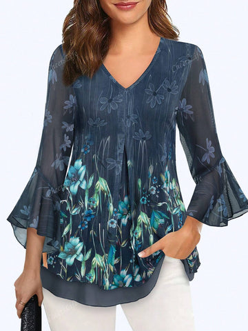 CheersLife Women's Short Sleeve Tunic Tops Casual Loose Fit Floral Blouses Mesh Pleated Layered Shirt