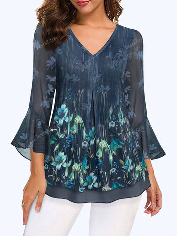 CheersLife Women's Short Sleeve Tunic Tops Casual Loose Fit Floral Blouses Mesh Pleated Layered Shirt