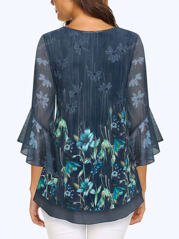 CheersLife Women's Short Sleeve Tunic Tops Casual Loose Fit Floral Blouses Mesh Pleated Layered Shirt