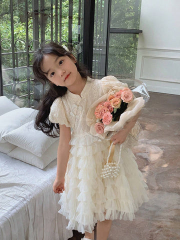 Chen Chen Mom Girl Bubble Sleeve Cake Dress 2024 Summer New Children High-End Princess Dress And Dress 4123D Apricot