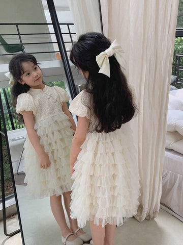 Chen Chen Mom Girl Bubble Sleeve Cake Dress 2024 Summer New Children High-End Princess Dress And Dress 4123D Apricot
