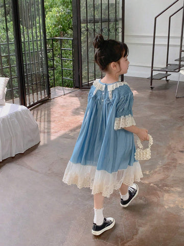 Chen Chen Mom Girls" Clothing Heavenly Silk French Short Sleeve Dress Baby Fashionable Princess Dress 2024 New Summer Outfit 3982D Blue