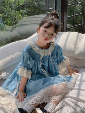 Chen Chen Mom Girls" Clothing Heavenly Silk French Short Sleeve Dress Baby Fashionable Princess Dress 2024 New Summer Outfit 3982D Blue