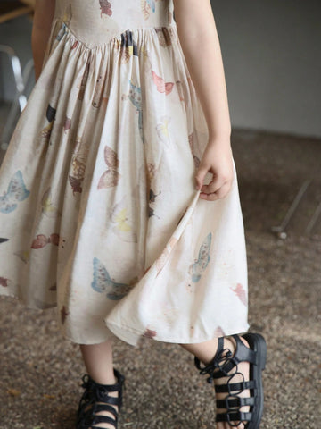 Chen Chen Mom's New Stylish Butterfly Printed Dress For Girls, Square Neckline, Gathered Waist, Puff Sleeves, A-Line Skirt, Summe