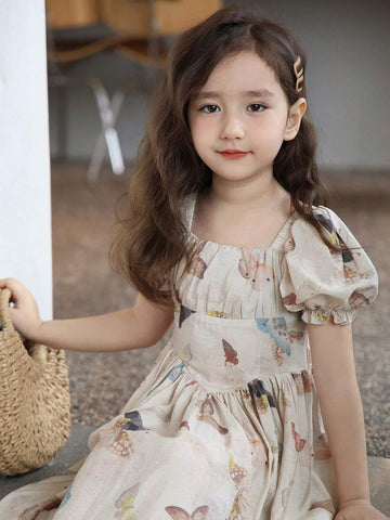 Chen Chen Mom's New Stylish Butterfly Printed Dress For Girls, Square Neckline, Gathered Waist, Puff Sleeves, A-Line Skirt, Summe