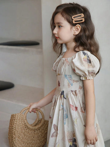 Chen Chen Mom's New Stylish Butterfly Printed Dress For Girls, Square Neckline, Gathered Waist, Puff Sleeves, A-Line Skirt, Summe
