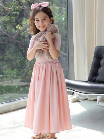 Chenchen Mom Girls' Short Sleeve Dress, New Summer French Style Sweet Princess Dress With Waistband 5912D