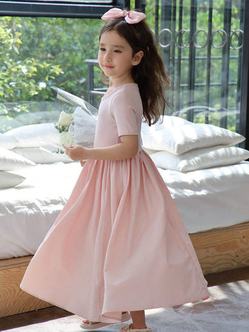 Chenchen Mom Girls' Short Sleeve Dress, New Summer French Style Sweet Princess Dress With Waistband 5912D