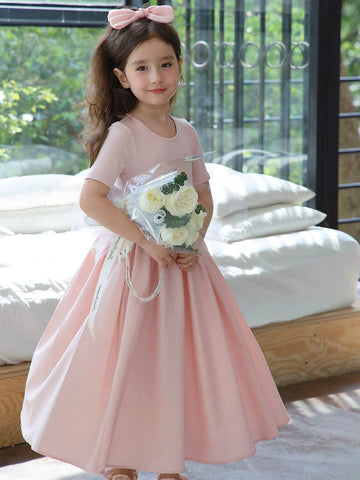 Chenchen Mom Girls' Short Sleeve Dress, New Summer French Style Sweet Princess Dress With Waistband 5912D
