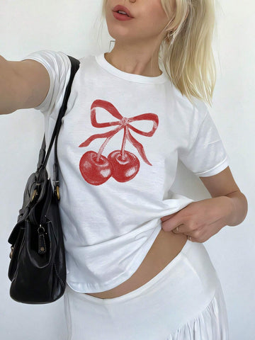 Cherry And Bowknot Printed Regular T-Shirt