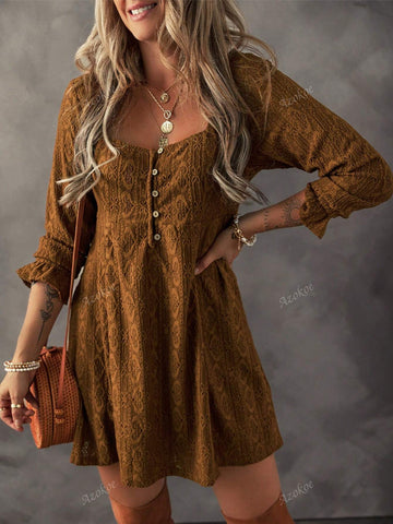 Chestnut Lace Crochet Buttoned Square Neck Shift Mini Dress