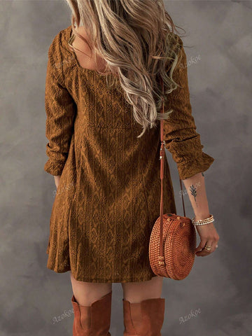 Chestnut Lace Crochet Buttoned Square Neck Shift Mini Dress