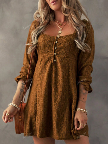 Chestnut Lace Crochet Buttoned Square Neck Shift Mini Dress