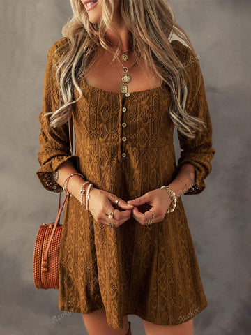 Chestnut Lace Crochet Buttoned Square Neck Shift Mini Dress