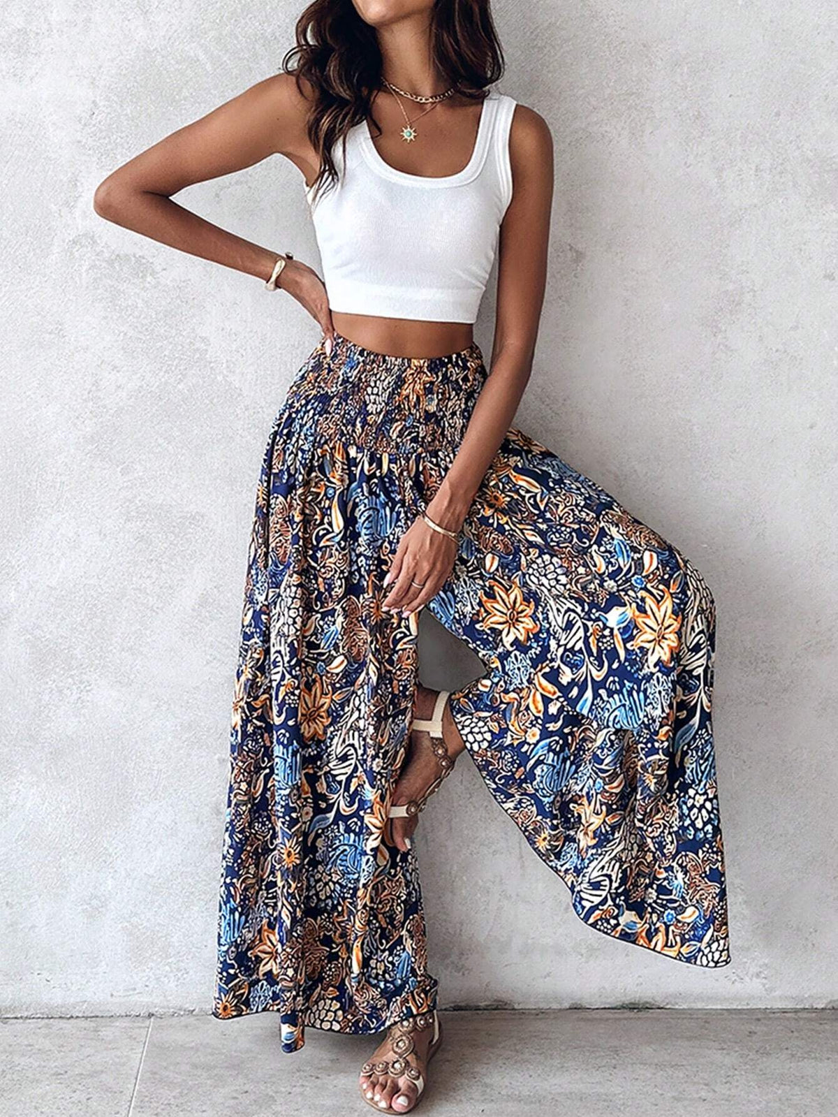 ChicMe Boho Floral Print Shirred High Waist Wide Leg Pants Vintage Slim Fit Casual Daily Trousers