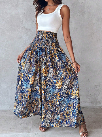 ChicMe Boho Floral Print Shirred High Waist Wide Leg Pants Vintage Slim Fit Casual Daily Trousers