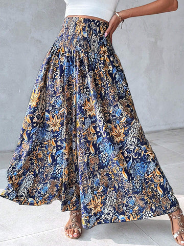 ChicMe Boho Floral Print Shirred High Waist Wide Leg Pants Vintage Slim Fit Casual Daily Trousers