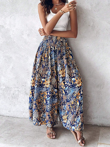 ChicMe Boho Floral Print Shirred High Waist Wide Leg Pants Vintage Slim Fit Casual Daily Trousers